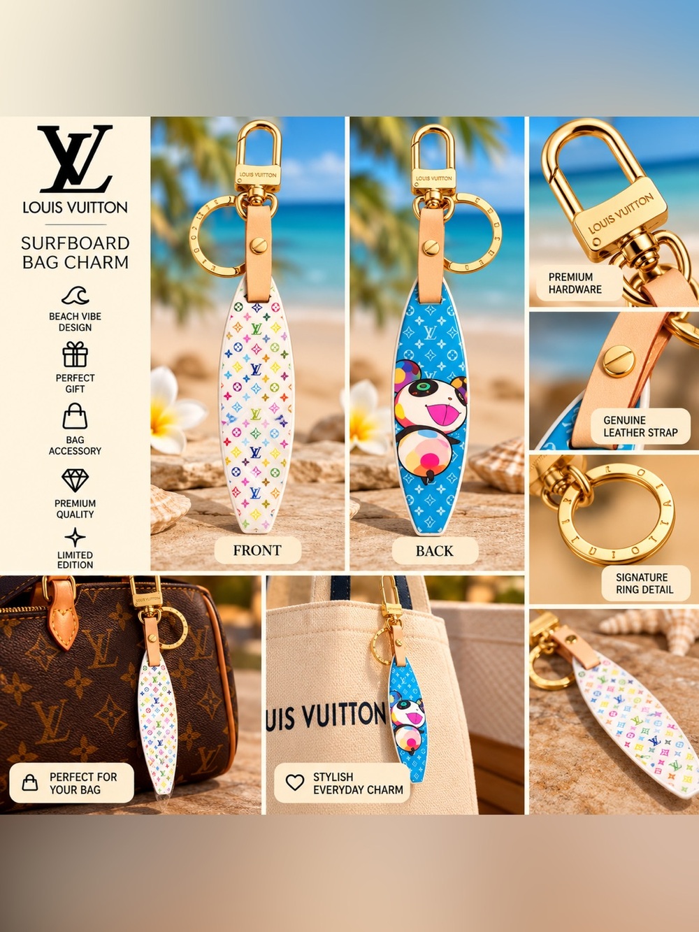 White Multicolor Monogram Surfboard Key Charm